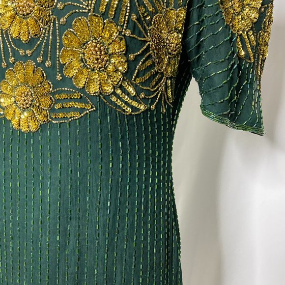 VTG Night Vogue Green Gold Embellished Maxi Dress - Picture 3 of 12